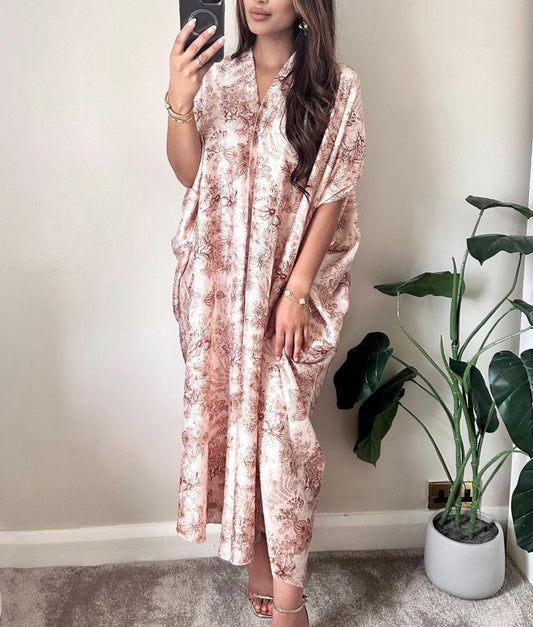 Brown Floral Satin Kaftan