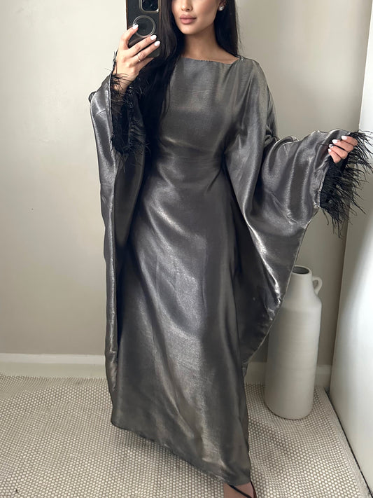 Grey Shimmer Feather Kaftan Dress Abaya