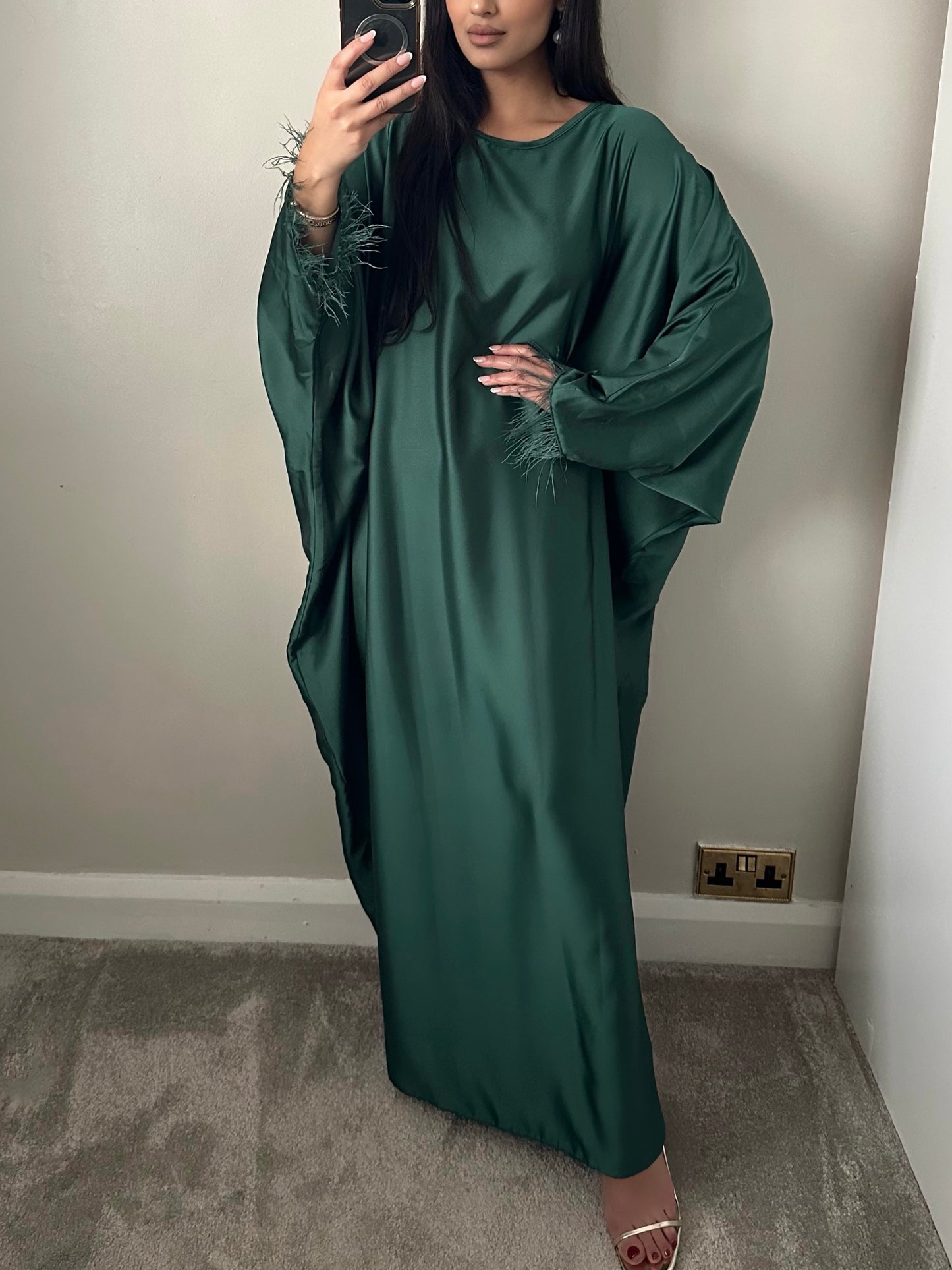 Bottle Green Feather Trimmed Abaya FA