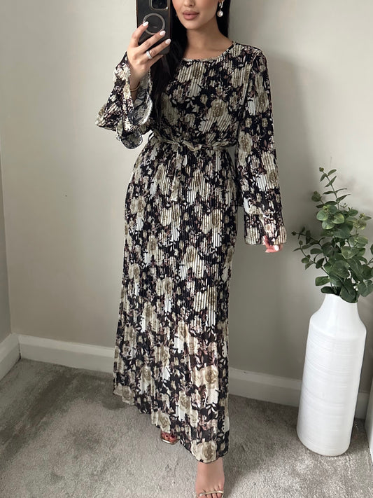 Black Floral Pleated Dress