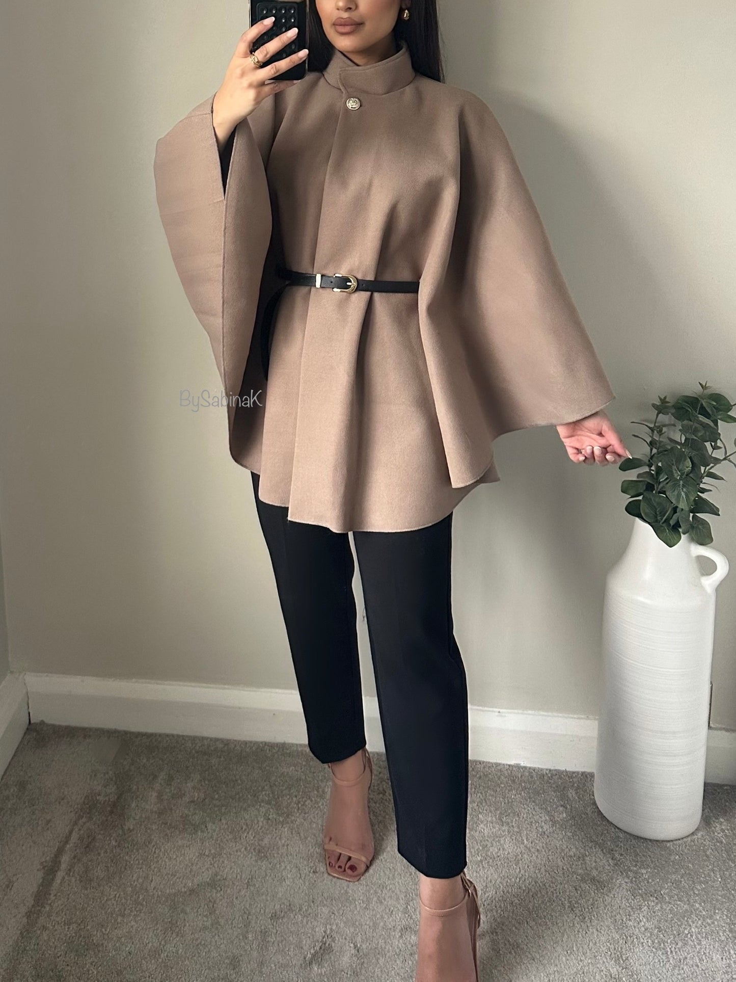 Taupe Longline Cape Belted Jacket