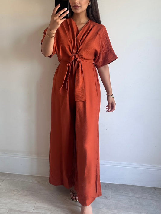 Orange Linen Look Wrap Jumpsuit