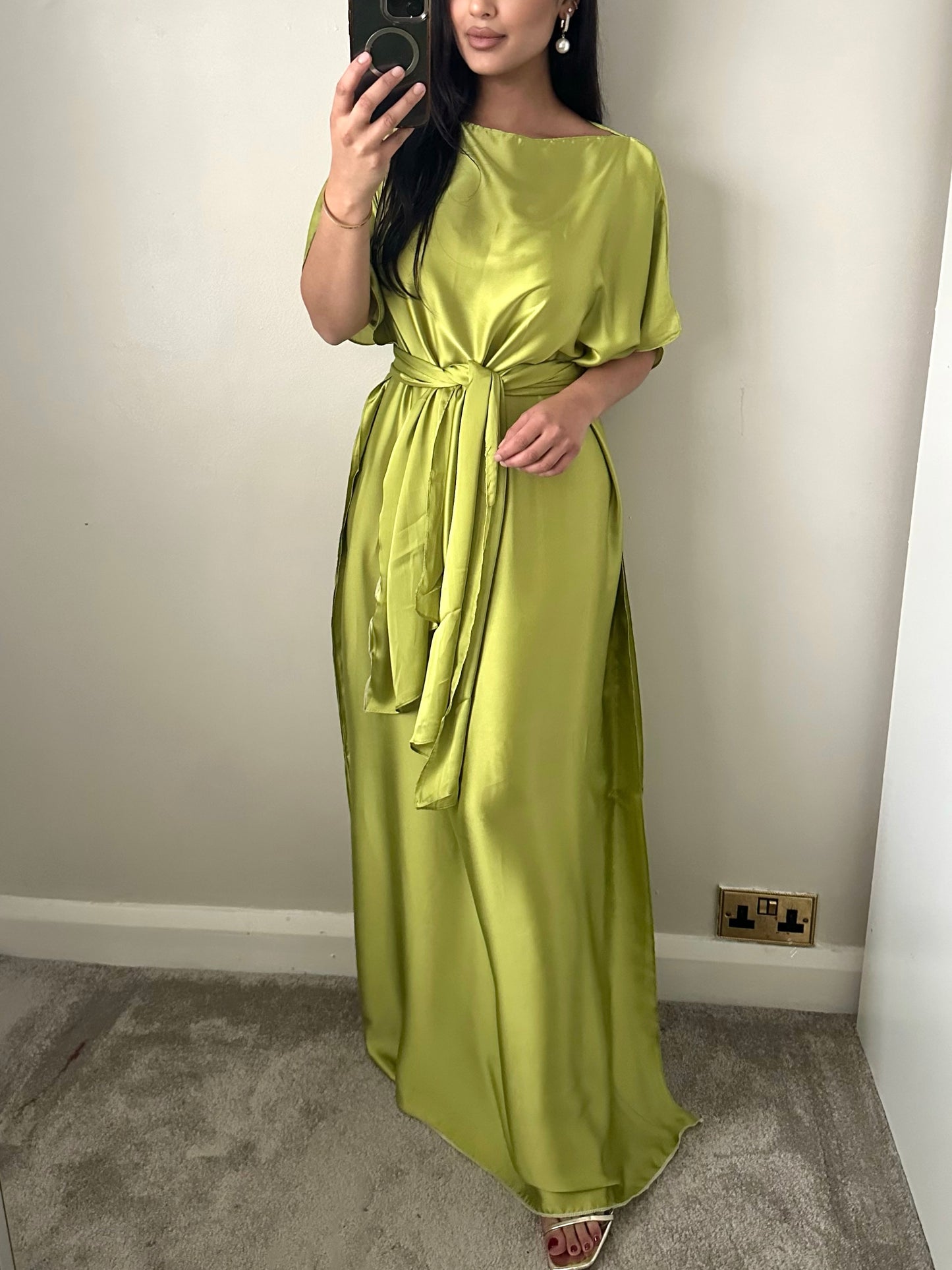 Lime Green Belted Satin Kaftan