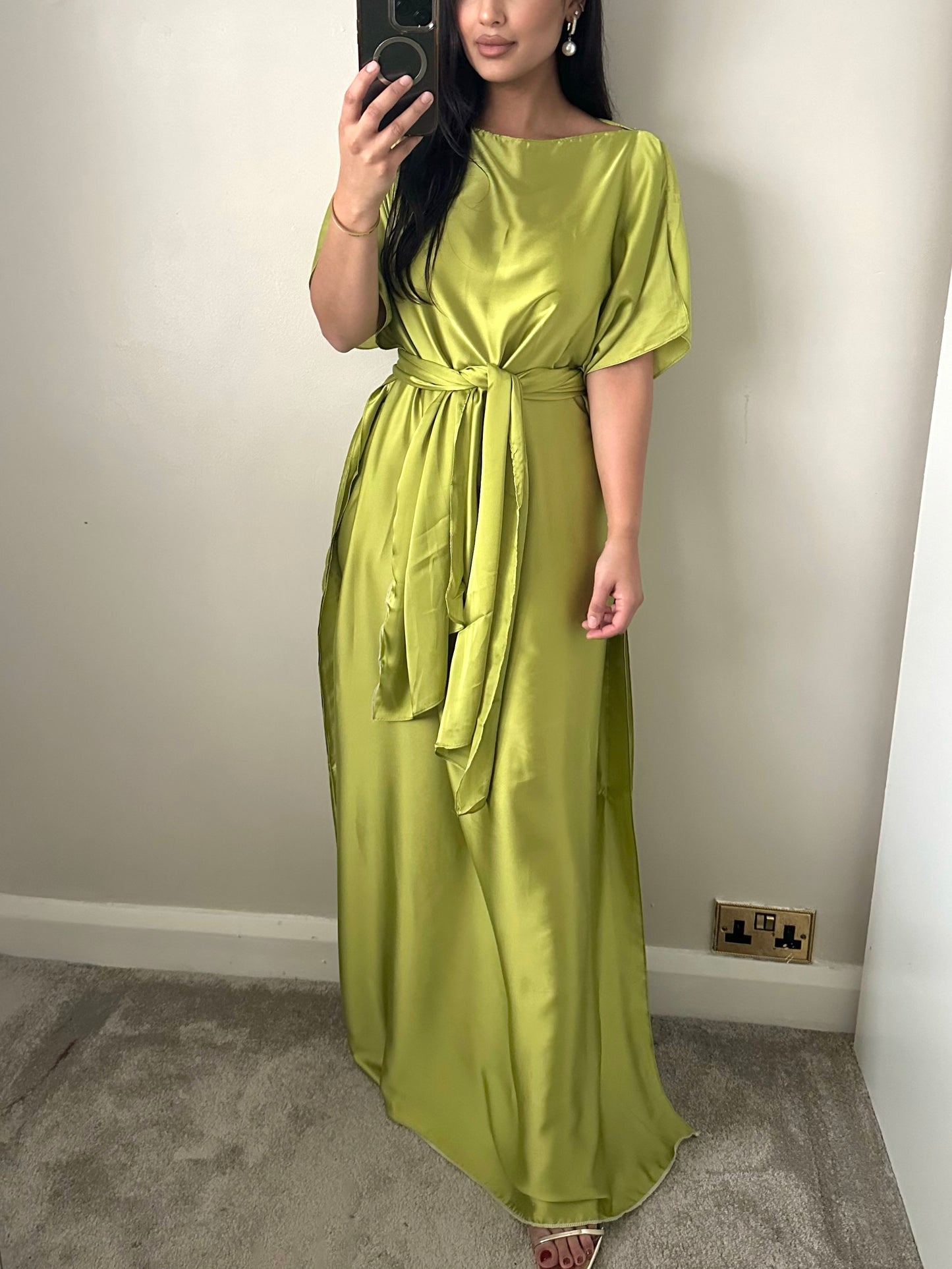 Lime Green Belted Satin Kaftan