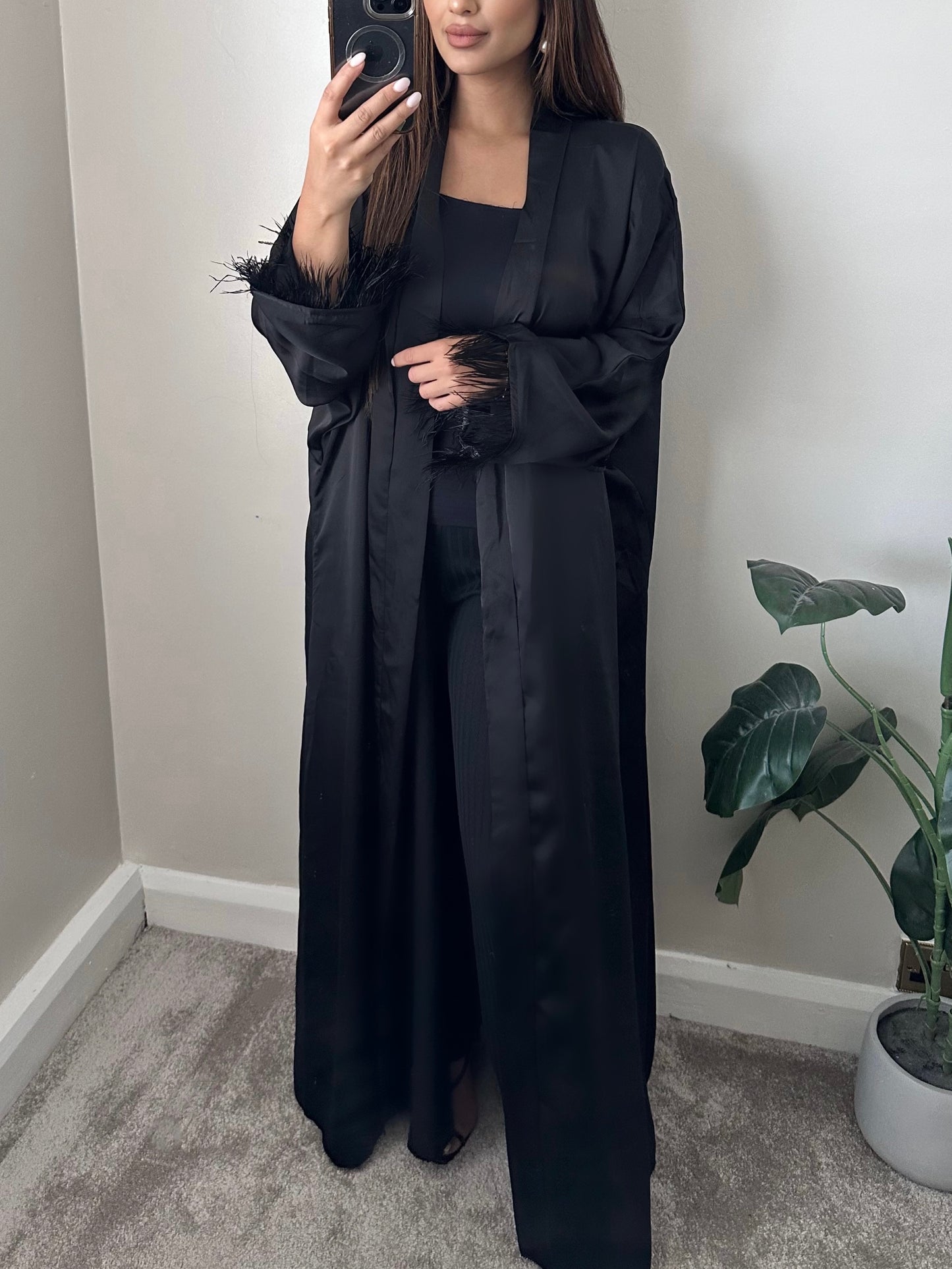 Black Open Feather Trim Abaya 006