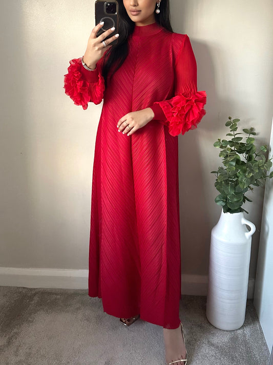 Red Flower Accent Pleated Dress