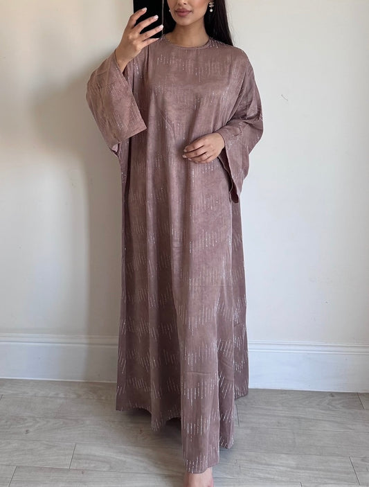 Mauve Pink Rhinestone Kaftan Silk Abaya