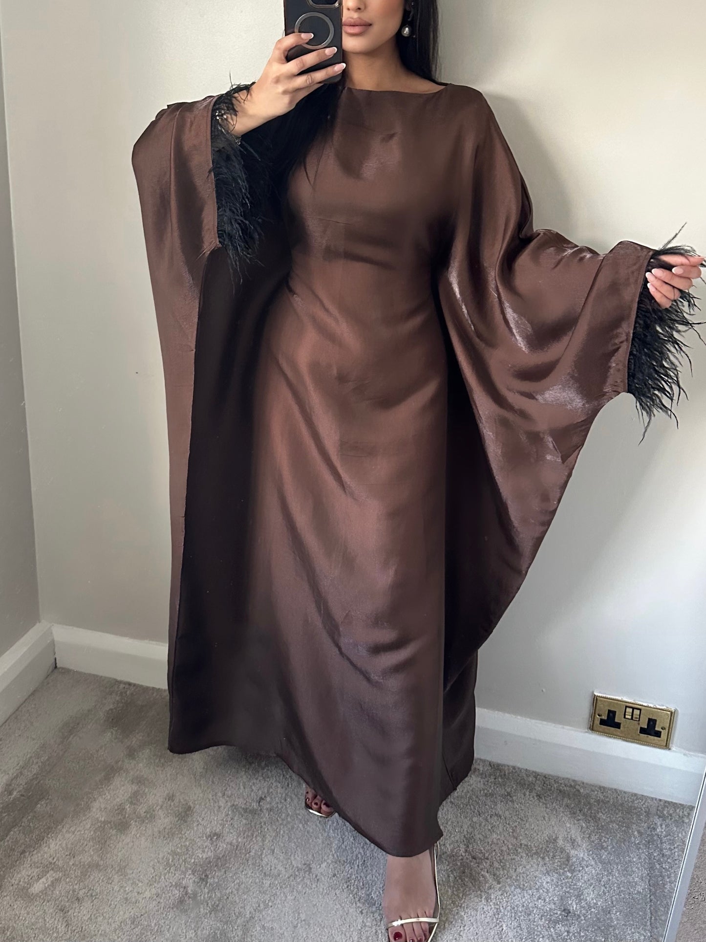 Brown Shimmer Feather Kaftan Dress Abaya