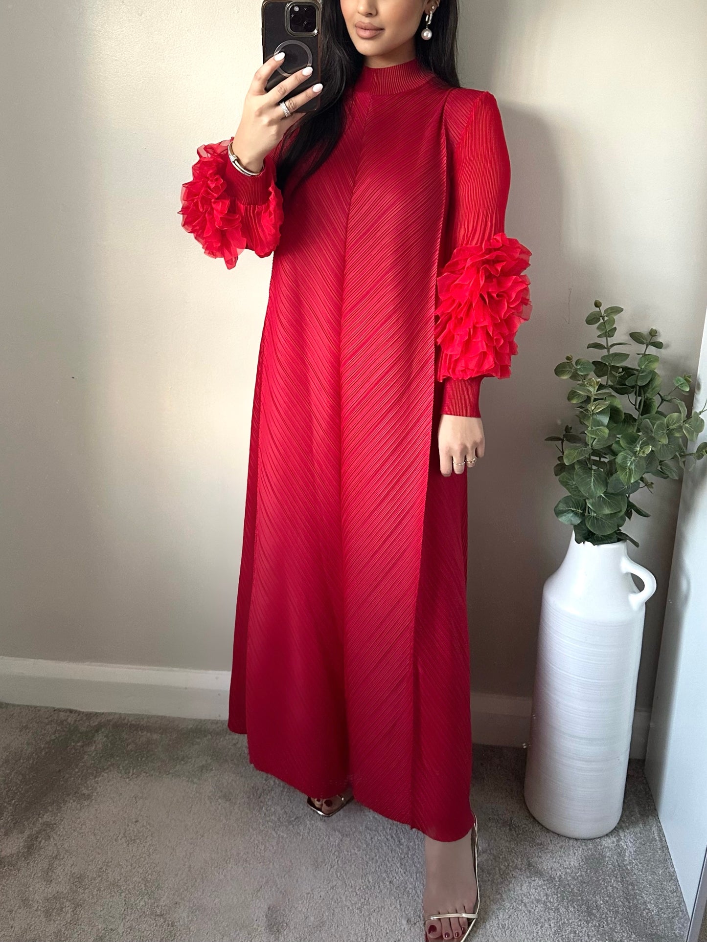 Red Flower Accent Pleated Dress