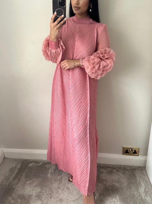 Pink Flower Accent Pleated Dress