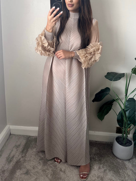 Nude Flower Accent Pleated Dress