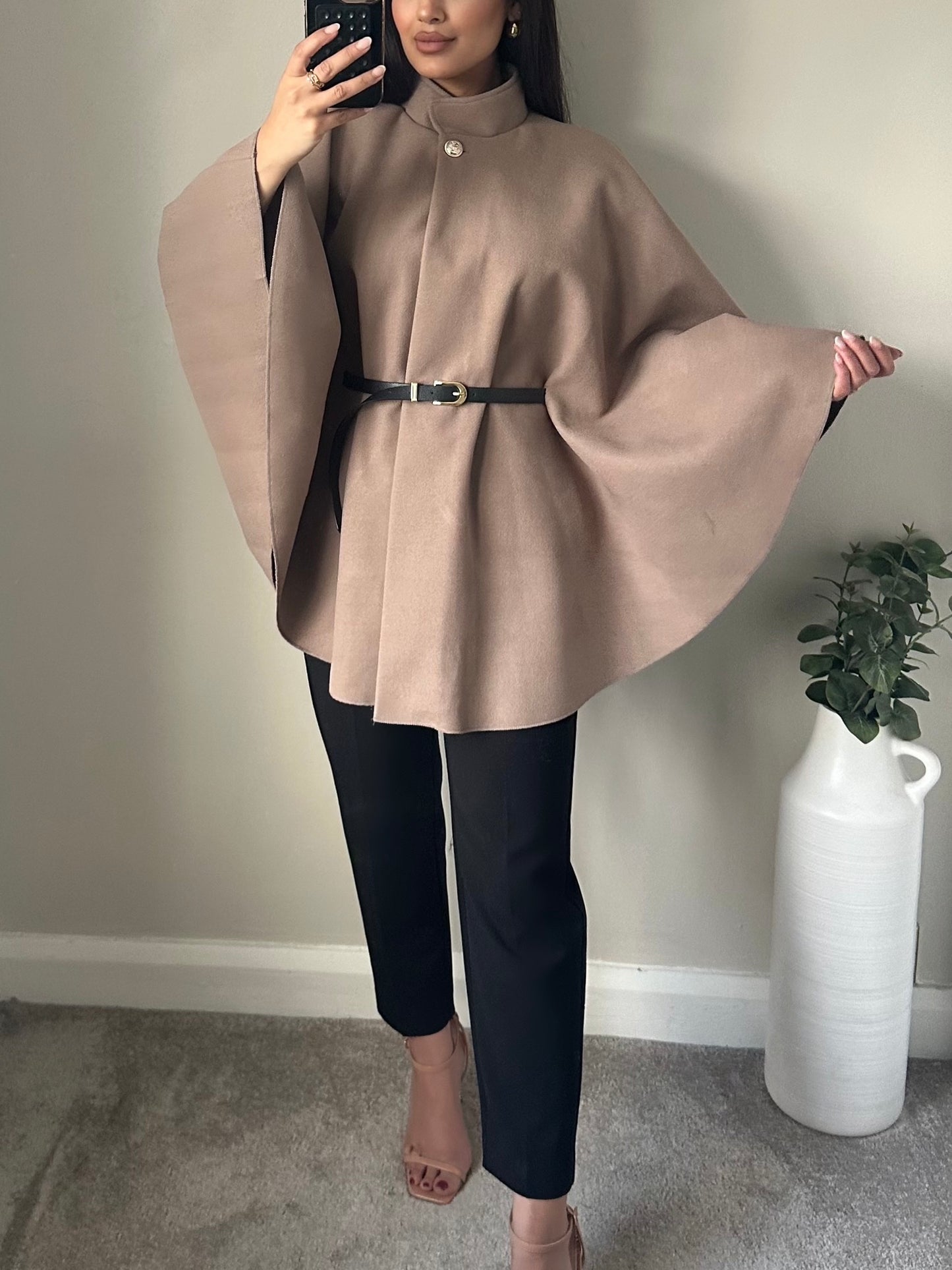 Taupe Longline Cape Belted Jacket